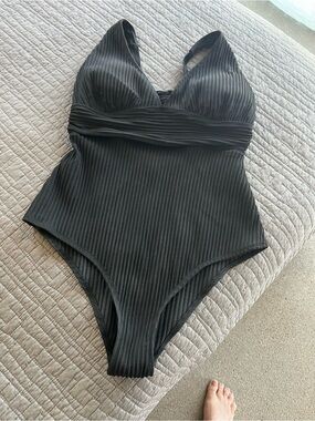Black Ribbed One-Piece Swimsuit  - Classic Scoop L/XL